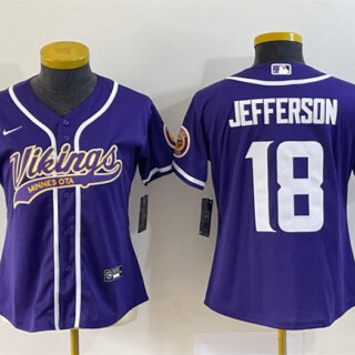 Women's Minnesota Vikings #18 Justin Jefferson Purple With Patch Cool Base Stitched Baseball Jersey(Run Small)
