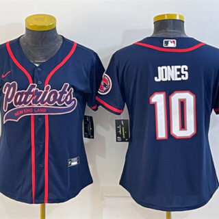Women's New England Patriots #10 Mac Jones Navy With Patch Cool Base Stitched Baseball Jersey(Run Small)