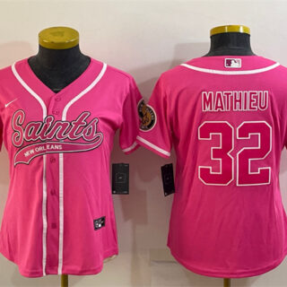 Women's New Orleans Saints #32 Tyrann Mathieu Pink With Patch Cool Base Stitched Baseball Jersey(Run Small)