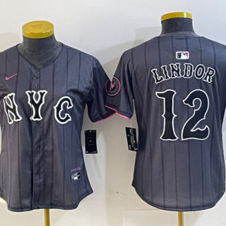 Women's New York Mets #12 Francisco Lindor Graphite 2024 City Connect Limited Stitched Baseball Jersey(Run Small)