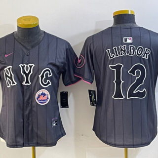 Women's New York Mets #12 Francisco Lindor Graphite 2024 City Connect Limited Stitched Baseball Jersey