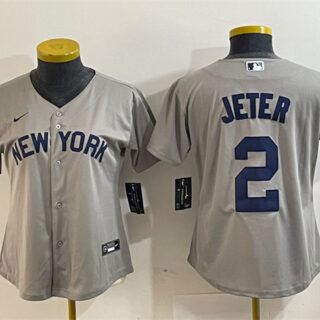 Women's New York Yankees #2 Derek Jeter Grey Cool Base Stitched Jersey(Run Small)