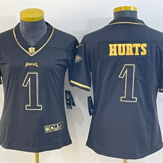 Women's Philadelphia Eagles #1 Jalen Hurts Black Golden Edition Stitched Football Jersey(Run Small)