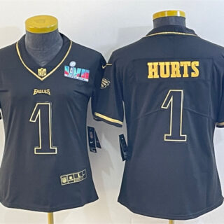 Women's Philadelphia Eagles #1 Jalen Hurts Black Golden Edition Super Bowl LVII Patch Stitched Football Jersey(Run Small)
