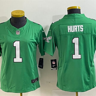 Women's Philadelphia Eagles #1 Jalen Hurts Green 2023 F.U.S.E. Stitched Football Jersey(Run Small)