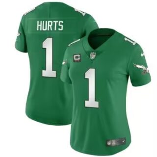 Women's Philadelphia Eagles #1 Jalen Hurts Green Gold Vapor Limited Stitched Football Jersey