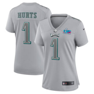 Women's Philadelphia Eagles #1 Jalen Hurts Grey Super Bowl LVII Patch Atmosphere Fashion Stitched Game Jersey(Run Small)