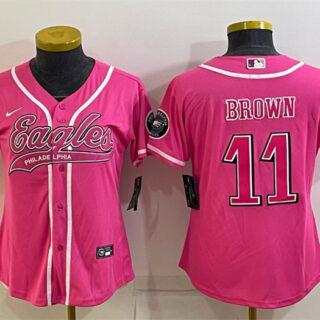 Women's Philadelphia Eagles #11 A. J. Brown Pink With Patch Cool Base Stitched Baseball Jersey(Run Small)