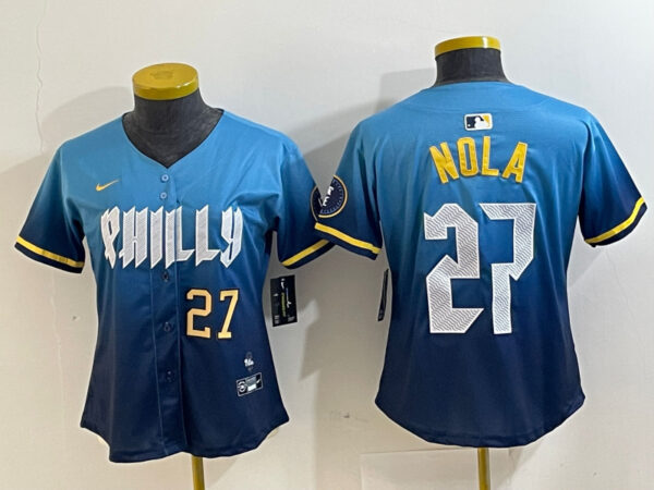 Women's Philadelphia Phillies #27 Aaron Nola Blue 2024 City Connect Limited Stitched Baseball Jersey