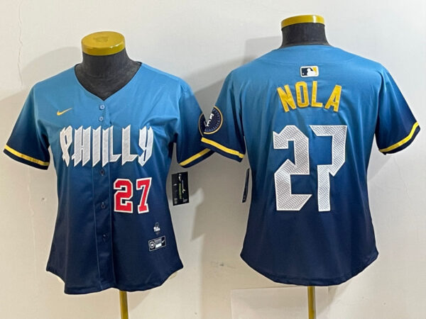 Women's Philadelphia Phillies #27 Aaron Nola Blue 2024 City Connect Limited Stitched Baseball Jersey