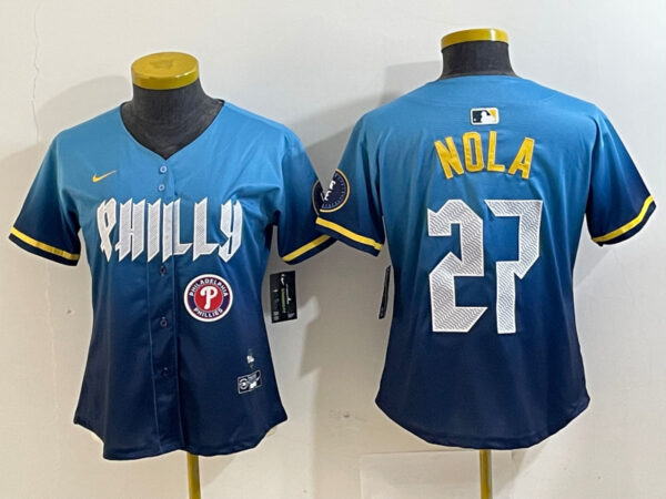 Women's Philadelphia Phillies #27 Aaron Nola Blue 2024 City Connect Limited Stitched Baseball Jersey