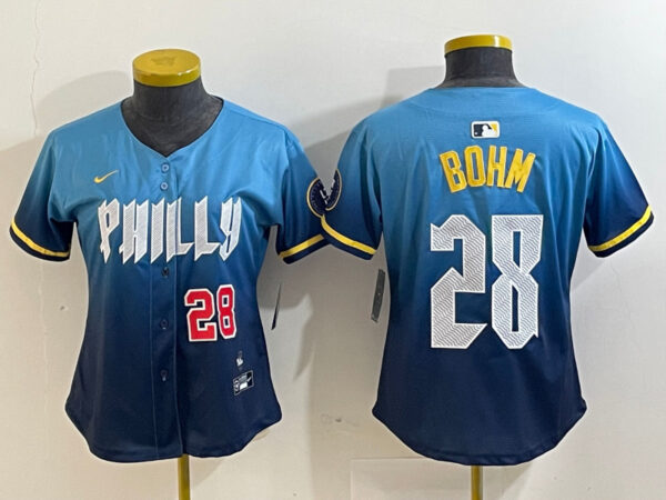Women's Philadelphia Phillies #28 Alec Bohm Blue 2024 City Connect Limited Stitched Baseball Jersey