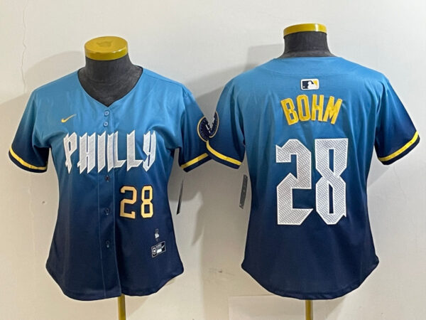 Women's Philadelphia Phillies #28 Alec Bohm Blue 2024 City Connect Limited Stitched Baseball Jersey
