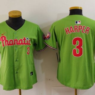 Women's Philadelphia Phillies #3 Bryce Harper Green With Patch Stitched Baseball Jersey(Run Small)