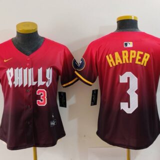 Women's Philadelphia Phillies #3 Bryce Harper Red 2024 City Connect Limited Stitched Baseball Jerseys