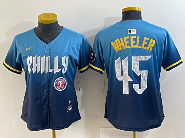Women's Philadelphia Phillies #45 Zack Wheeler Blue 2024 City Connect Limited Stitched Baseball Jersey