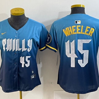 Women's Philadelphia Phillies #45 Zack Wheeler Blue 2024 City Connect Limited Stitched Baseball Jersey