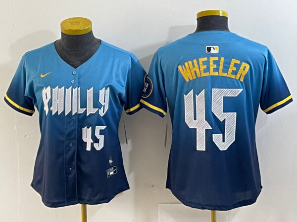 Women's Philadelphia Phillies #45 Zack Wheeler Blue 2024 City Connect Limited Stitched Baseball Jersey