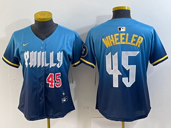 Women's Philadelphia Phillies #45 Zack Wheeler Blue 2024 City Connect Limited Stitched Baseball Jersey