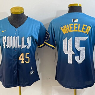 Women's Philadelphia Phillies #45 Zack Wheeler Blue 2024 City Connect Limited Stitched Baseball Jersey
