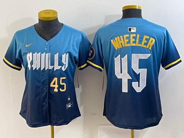 Women's Philadelphia Phillies #45 Zack Wheeler Blue 2024 City Connect Limited Stitched Baseball Jersey