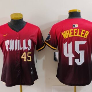 Women's Philadelphia Phillies #45 Zack Wheeler Red 2024 City Connect Limited Stitched Baseball Jerseys