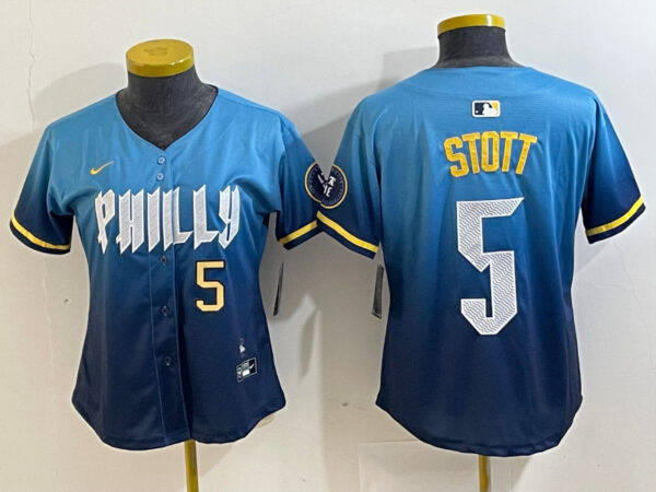 Women's Philadelphia Phillies #5 Bryson Stott Blue 2024 City Connect Limited Stitched Baseball Jersey