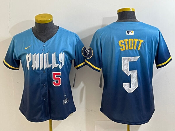 Women's Philadelphia Phillies #5 Bryson Stott Blue 2024 City Connect Limited Stitched Baseball Jersey