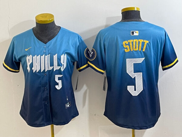 Women's Philadelphia Phillies #5 Bryson Stott Blue 2024 City Connect Limited Stitched Baseball Jersey