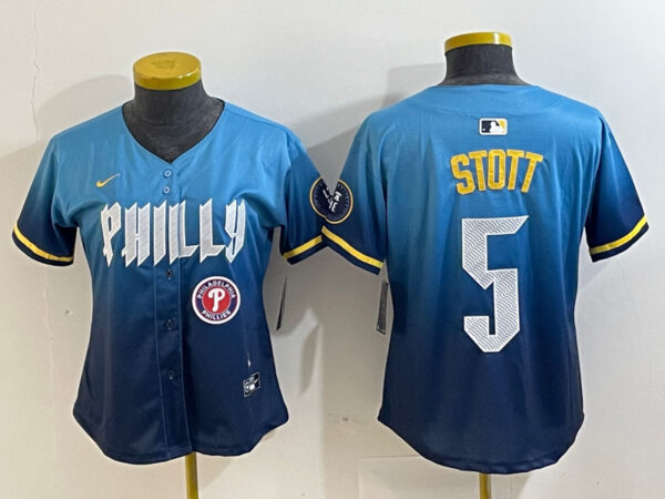 Women's Philadelphia Phillies #5 Bryson Stott Blue 2024 City Connect Limited Stitched Baseball Jersey