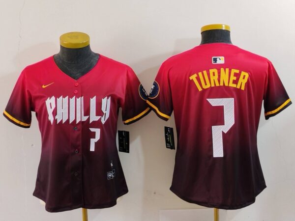 Women's Philadelphia Phillies #7 Trea Turner Red 2024 City Connect Limited Stitched Baseball Jerseys