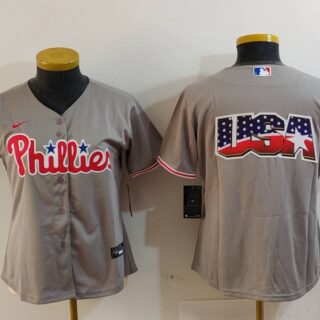 Women's Philadelphia Phillies Grey Team Big Logo Cool Base Stitched Baseball Jersey(Run Small)