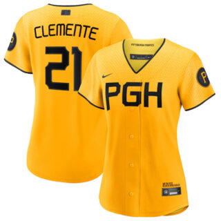 Women's Pittsburgh Pirates #21 Roberto Clemente Gold 2023 Draft City Connect Stitched Jersey