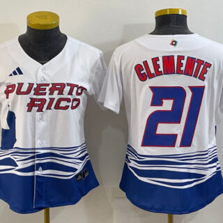Women's Puerto Rico Baseball #21 Roberto Clemente 2023 White World Baseball Classic Stitched Jersey(Run Small)
