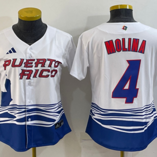 Women's Puerto Rico Baseball #4 Yadier Molina 2023 White World Baseball Classic Stitched Jersey(Run Small)