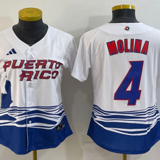 Women's Puerto Rico Baseball #4 Yadier Molina 2023 White World Baseball Classic Stitched Jersey(Run Small)