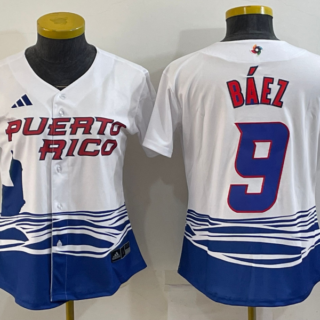 Women's Puerto Rico Baseball #9 Javier Báez 2023 White World Baseball Classic Stitched Jersey(Run Small)