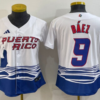 Women's Puerto Rico Baseball #9 Javier Báez 2023 White World Baseball Classic Stitched Jersey(Run Small)