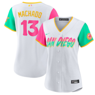Women's San Diego Padres #13 Manny Machado 2022 White City Connect Cool Base Stitched