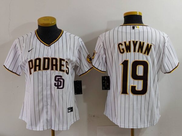Women's San Diego Padres #19 19 Tony Gwynn White With PS Patch Cool Base Stitched Baseball Jerseys