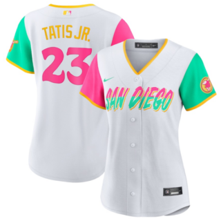 Women's San Diego Padres #23 Fernando Tatis Jr. 2022 White City Connect Cool Base Stitched Baseball Jersey(Run Small)