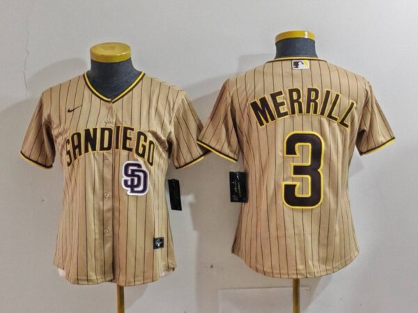 Women's San Diego Padres #3 Jackson Merrill Tan Stitched Baseball Jersey(Run Small)