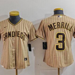 Women's San Diego Padres #3 Jackson Merrill Tan Stitched Baseball Jersey(Run Small)