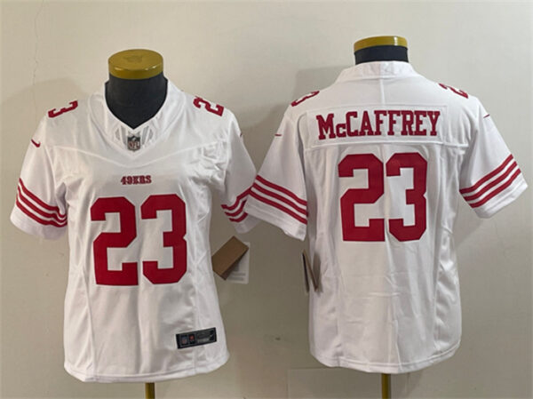 Women's San Francisco 49ers #23 Christian McCaffrey White 2023 F.U.S.E. Vapor Untouchable Limited Stitched Jersey(Run Small)