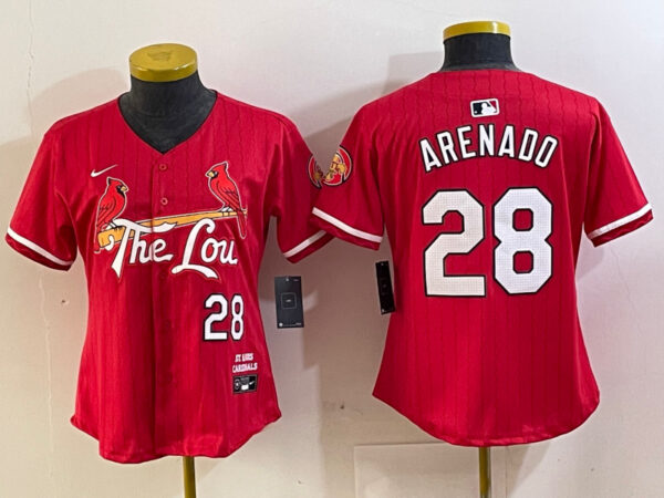 Women's St. Louis Cardinals #28 Nolan Arenado Red 2024 City Connect Stitched Baseball Jersey