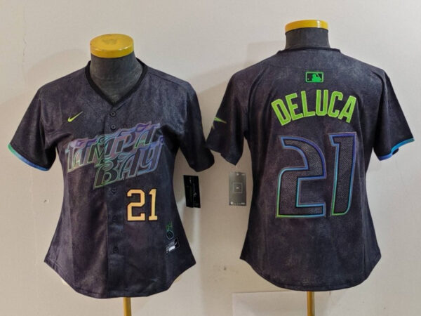 Women's Tampa Bay Rays #21 Jonny DeLuca Charcoal 2024 City Connect Limited Stitched Baseball Jersey(Run Small)