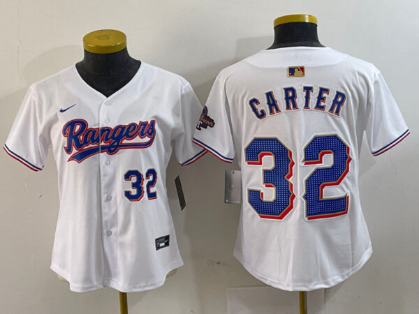 Women's Texas Rangers #32 Evan Carter White Gold Stitched Baseball Jersey(Run Small)