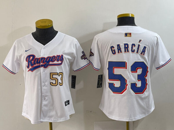Women's Texas Rangers #53 Adolis Garcia White Gold Stitched Baseball Jersey(Run Small)