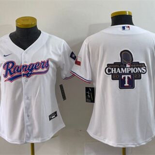 Women's Texas Rangers White 2023 World Series Champions Big Logo With Patch Stitched Baseball Jersey(Run Small)s