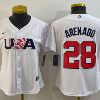 Women's USA Baseball #28 Nolan Arenado 2023 White World Baseball Classic Stitched Jersey(Run Small)